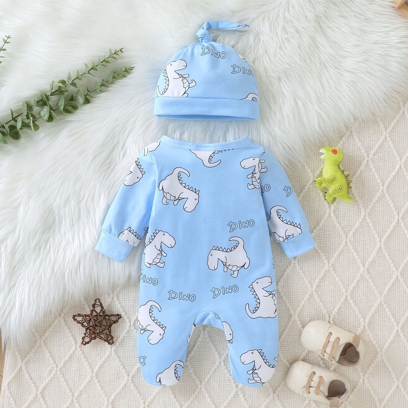 2PCS Stylish Dinosaur Printed Long Sleeve Baby Boy Jumpsuit