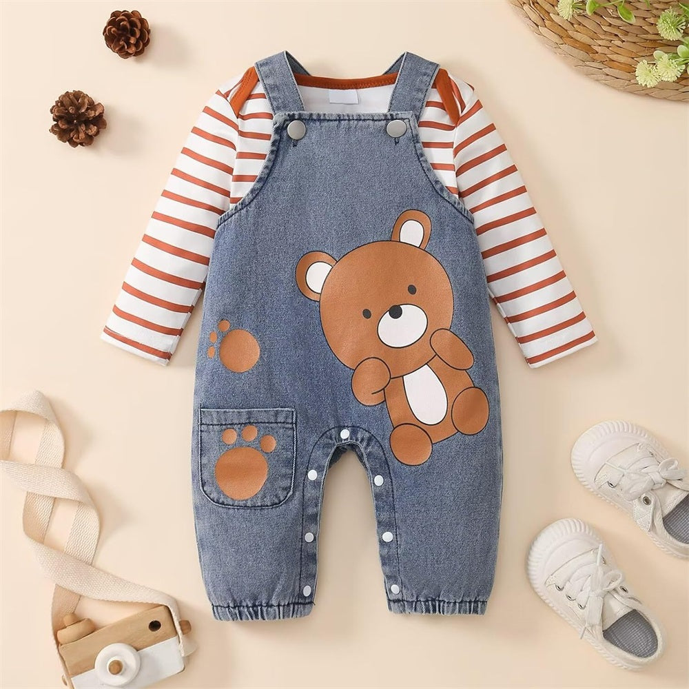 2PCS Casual Bear Print Long Sleeve Denim Overalls Baby Set