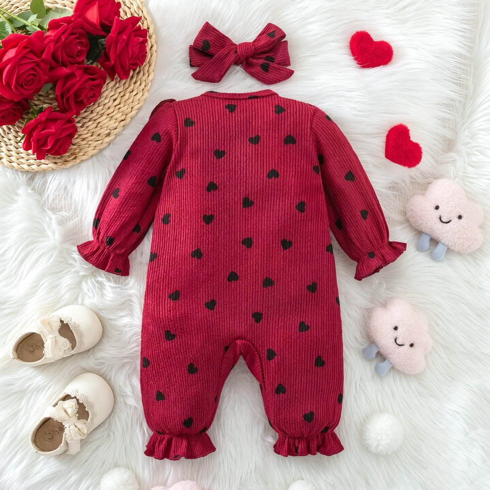 2PCS Lovely Baby Girl Heart Printed Bow Long Sleeve Jumpsuit
