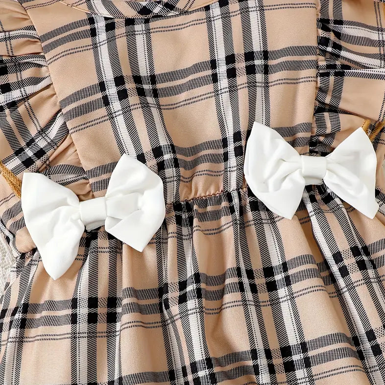 2PCS Comfy Plaid Printed Bow Decoration Sleeveless Baby Jumpsuit