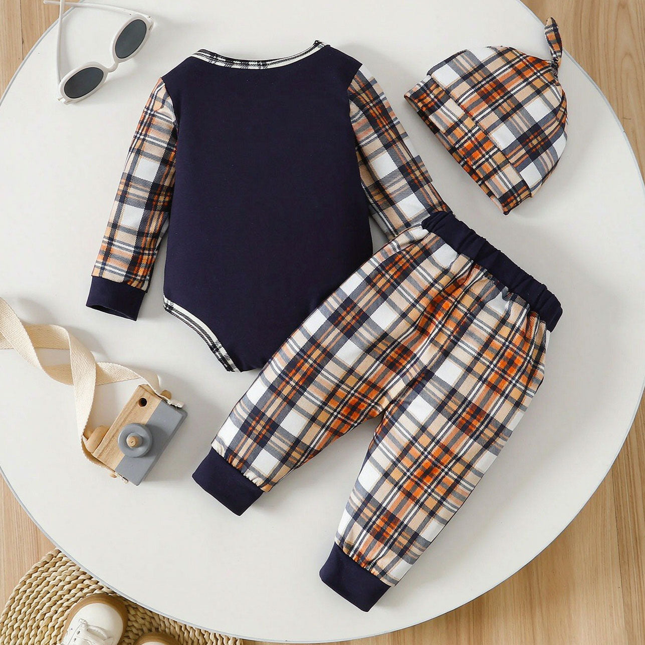 3PCS Stylish Little Brother Letter Plaid Print Long Sleeve Baby Set