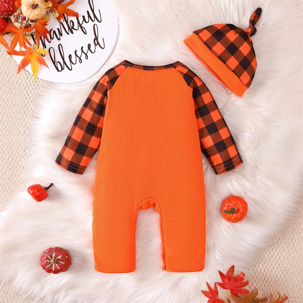 2PCS My 1st Halloween Letter Embroidery Pumpkin Plaid Print Baby Jumpsuit