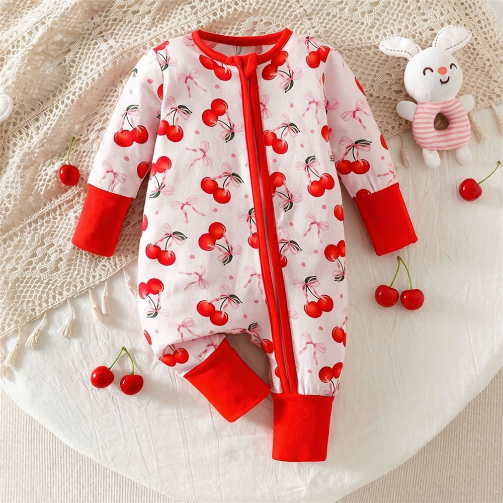 Vibrant Cherry Bow Printed Long Sleeve Zipper Baby Jumpsuit