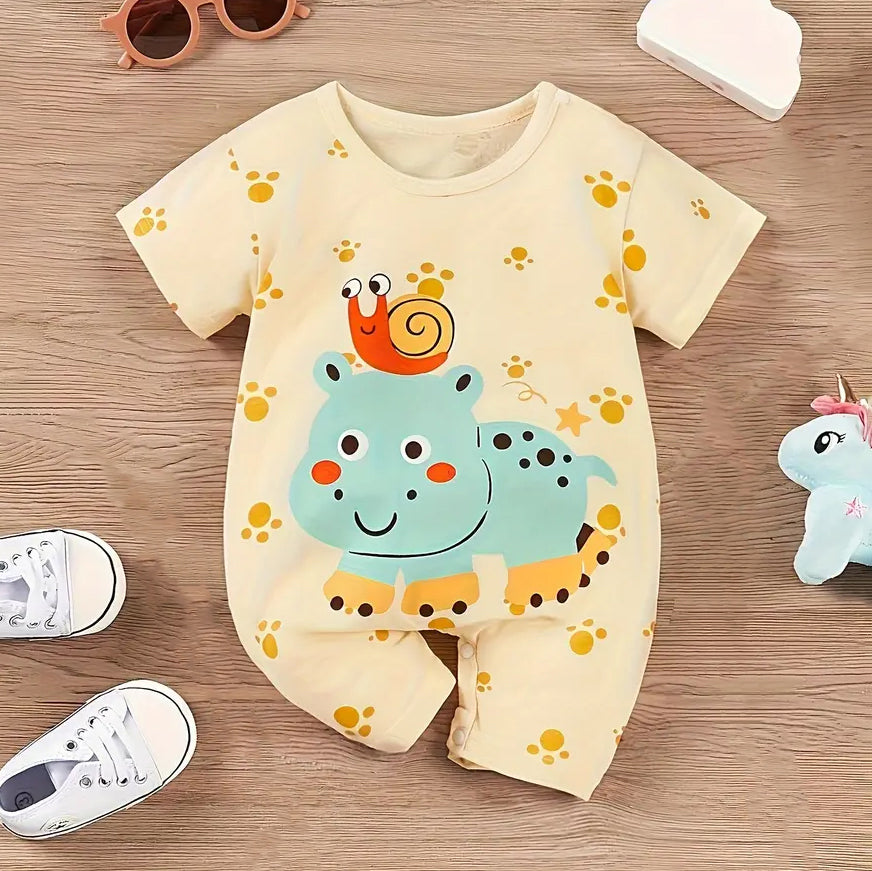 Cute Snail and Hippo Printed Short Sleeve Baby Jumpsuit