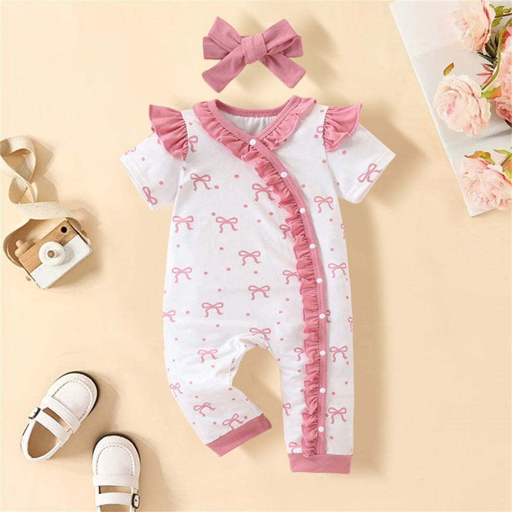 2PCS Bow Printed Frill Trim Short Sleeve Baby Jumpsuit