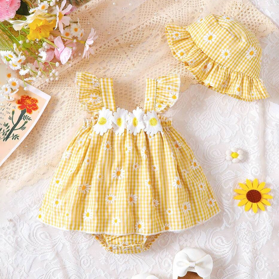2PCS Grace Daisy Plaid Print Appliqué Flutter Sleeve Baby Romper