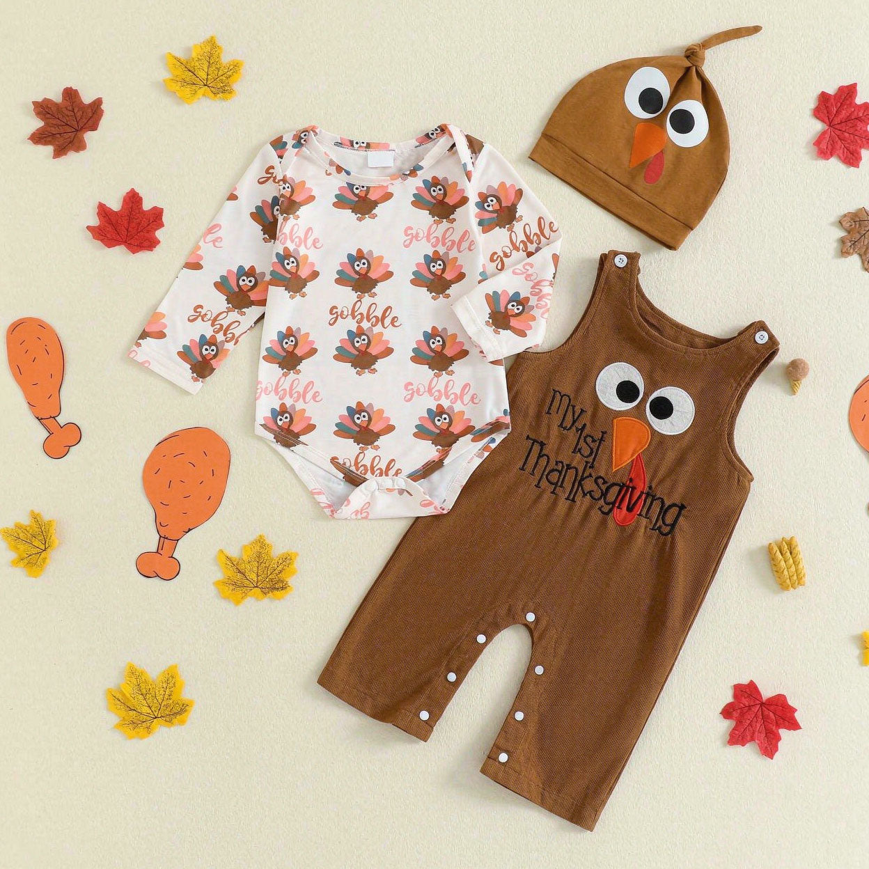 3PCS My 1st Thanksgiving Letter Turkey Print Overalls Baby Set