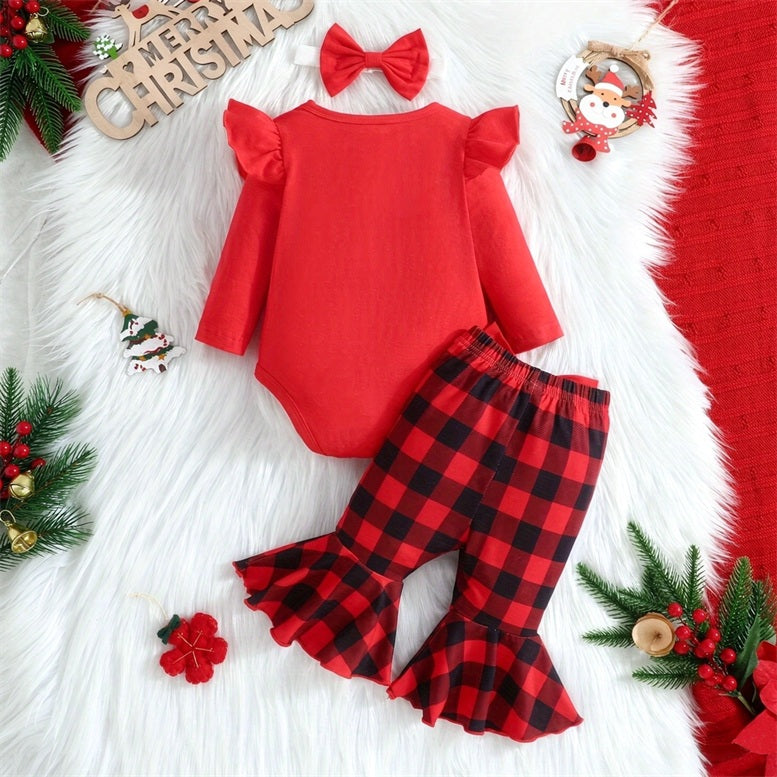 3PCS Christmas Be Nice To The Slp Santa Is Watching Letter Plaid Print Baby Set