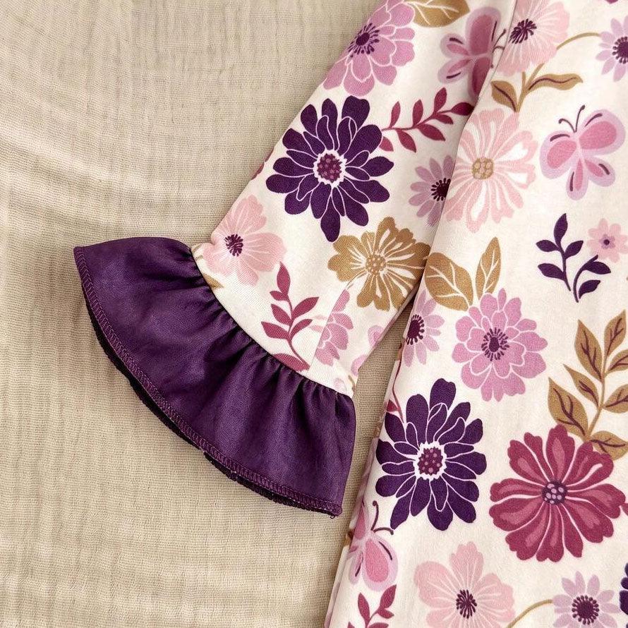 2PCS Chic Floral Printed Ruffle Zipper Long Sleeve Baby Jumpsuit