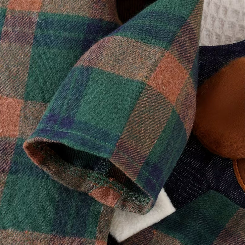 2PCS Cute Puppy Printed Plaid Long Sleeve Baby Overalls Set