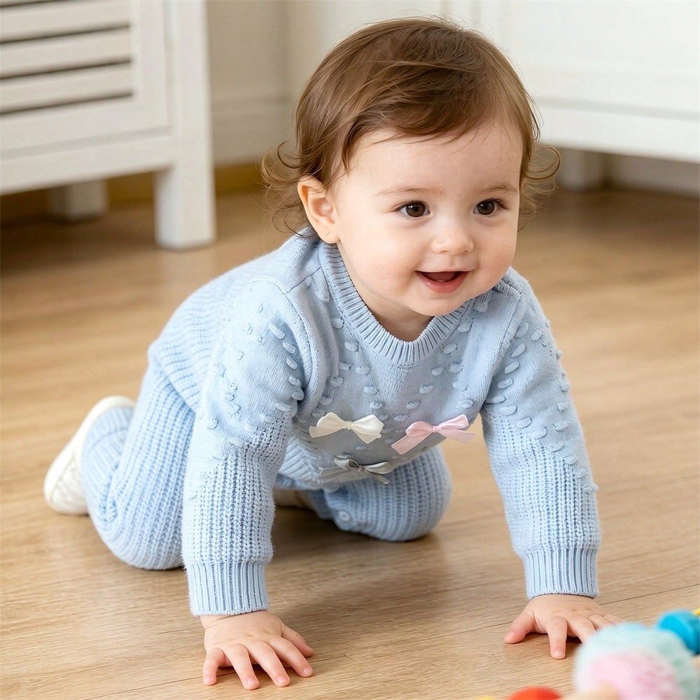 Sweet Bow Long Sleeve Knitted Baby Jumpsuit