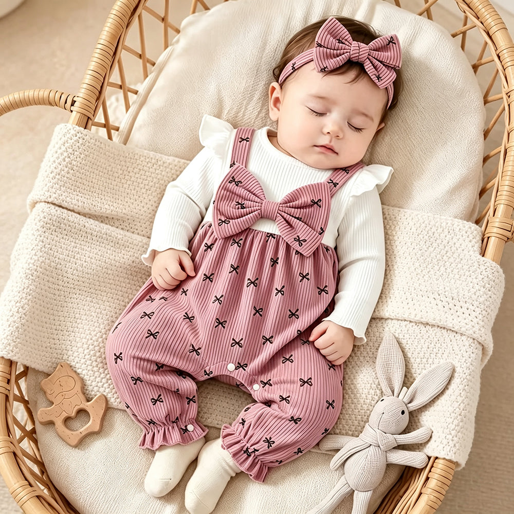 2PCS Sweet Faux Two Piece Bow Print Baby Girl Corduroy Jumpsuit