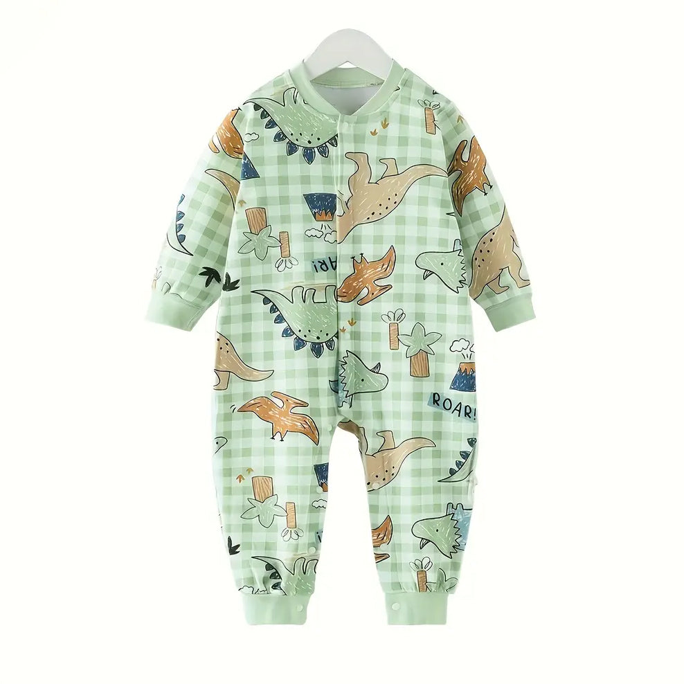 2PCS Stylish Dinosaur Plaid Printed Long Sleeve Baby Jumpsuit