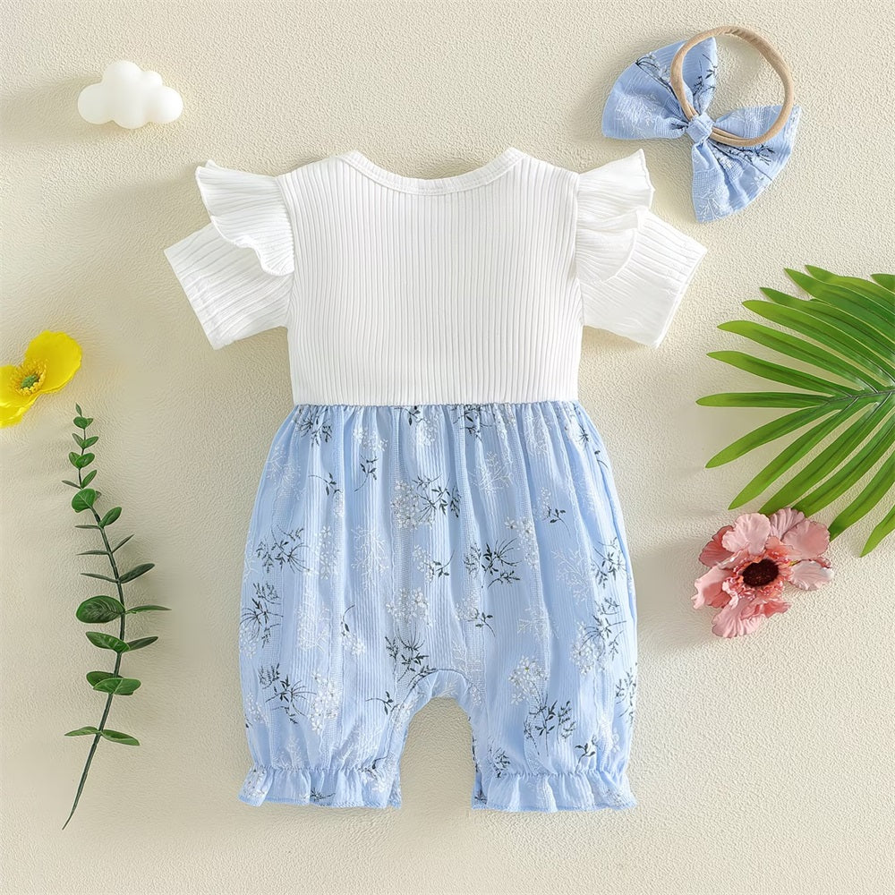 2PCS Causal Floral Printed Bow Short Sleeve Baby Jumpsuit