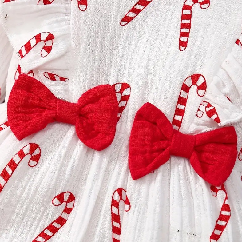 2PCS Christmas Candy Cane Printed Bowknot Long Sleeve Baby Jumpsuit