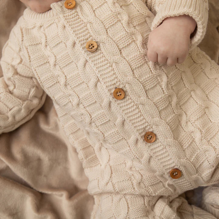 Warm Solid Color Basket Weave Knitted Long Sleeve Baby Jumpsuit