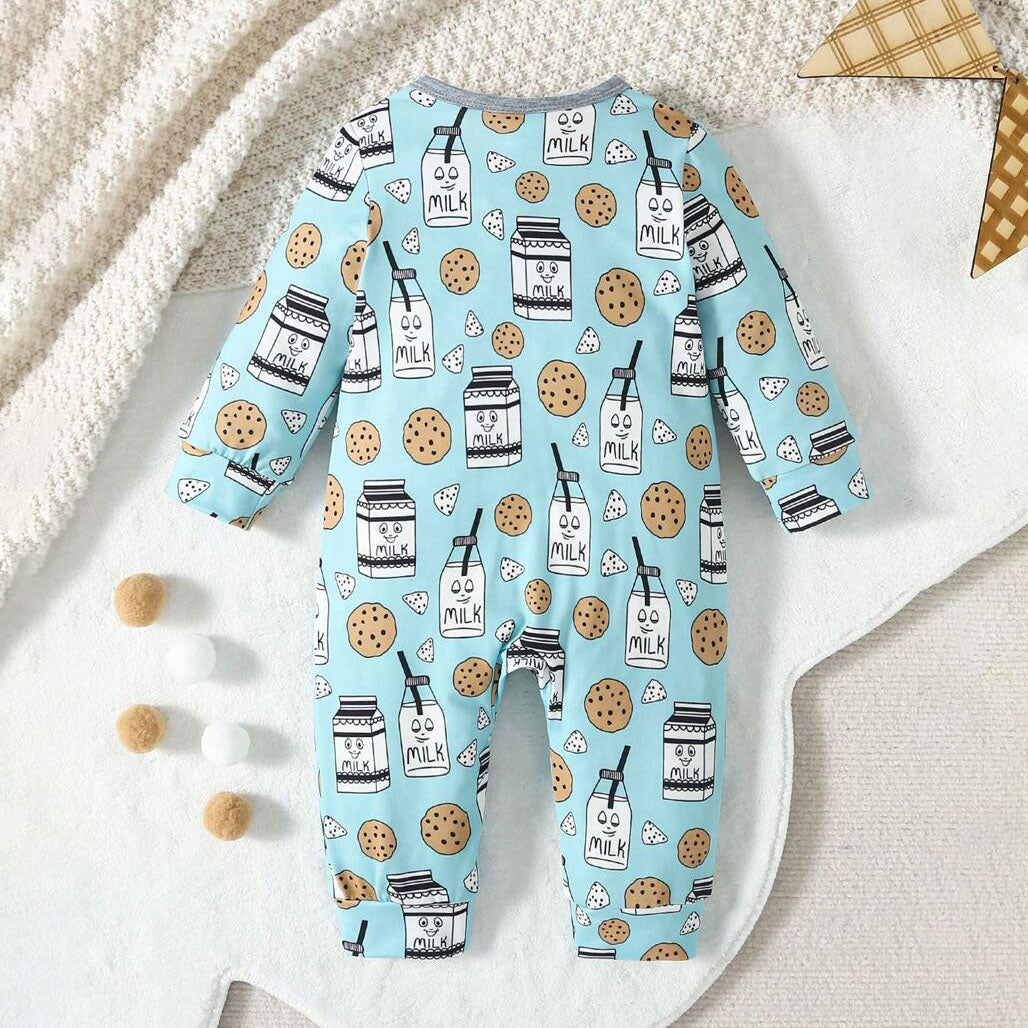 Cute Milk Cookies Printed Long Sleeve Baby Jumpsuit