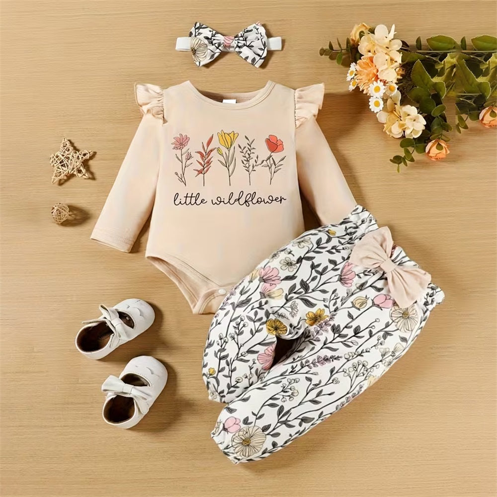 3PCS Stylish Cute Floral Print Long Sleeve Baby Girl Set