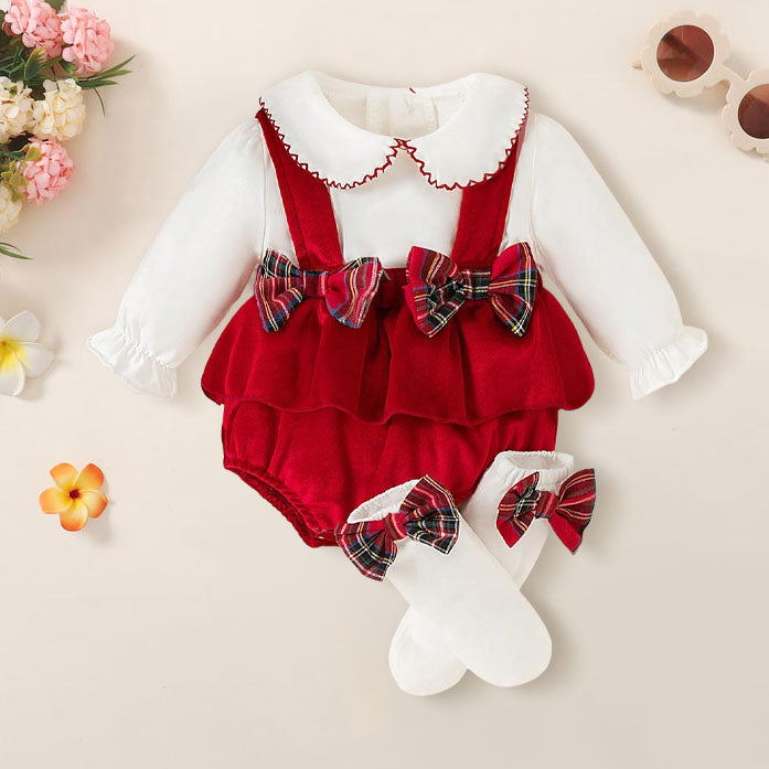 2PCS Christmas Velvet Solid Color Plaid Printed Baby Romper
