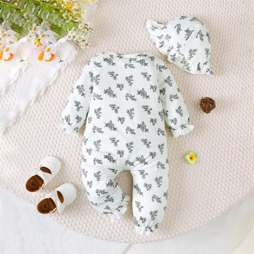 2PCS Floral Print Green Bowknot Long Sleeve Baby Jumpsuit