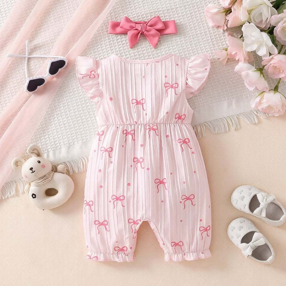 2PCS Elegant Bow Printed Flutter Sleeve Baby Jumpsuit