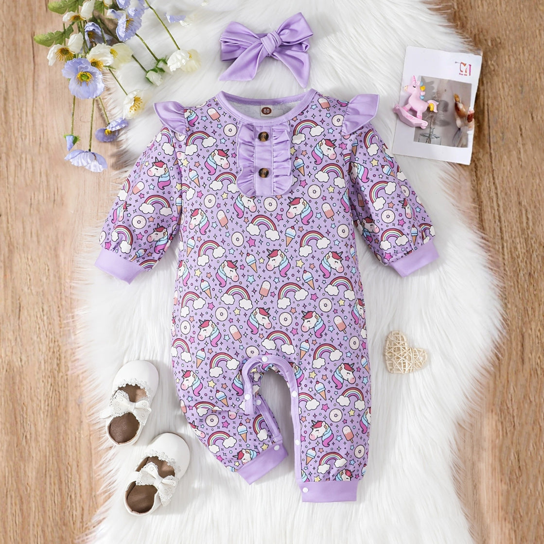 2PCS Elegant Rainbow Horse Print Long Sleeve Baby Jumpsuit
