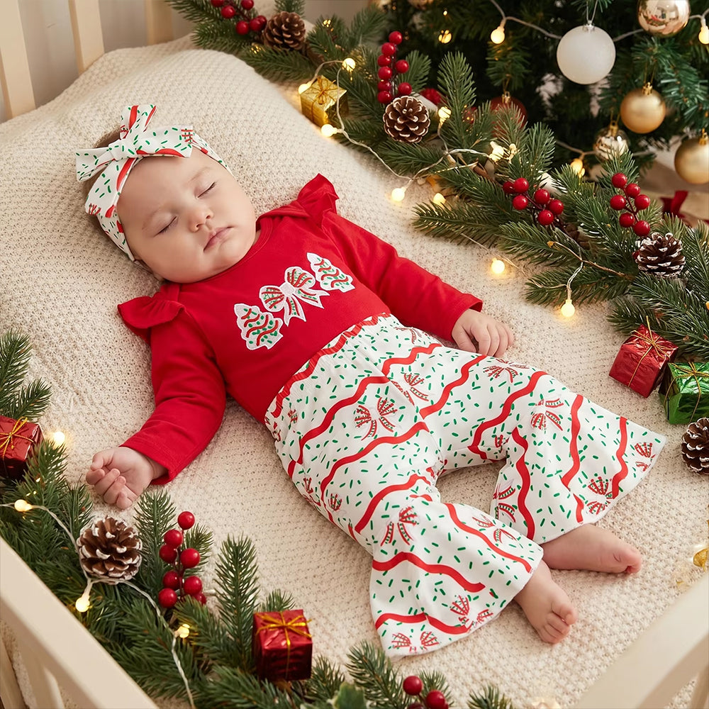 3PCS Sweet Tree Bow Embroidered Long Sleeve Baby Girl  Christmas Set