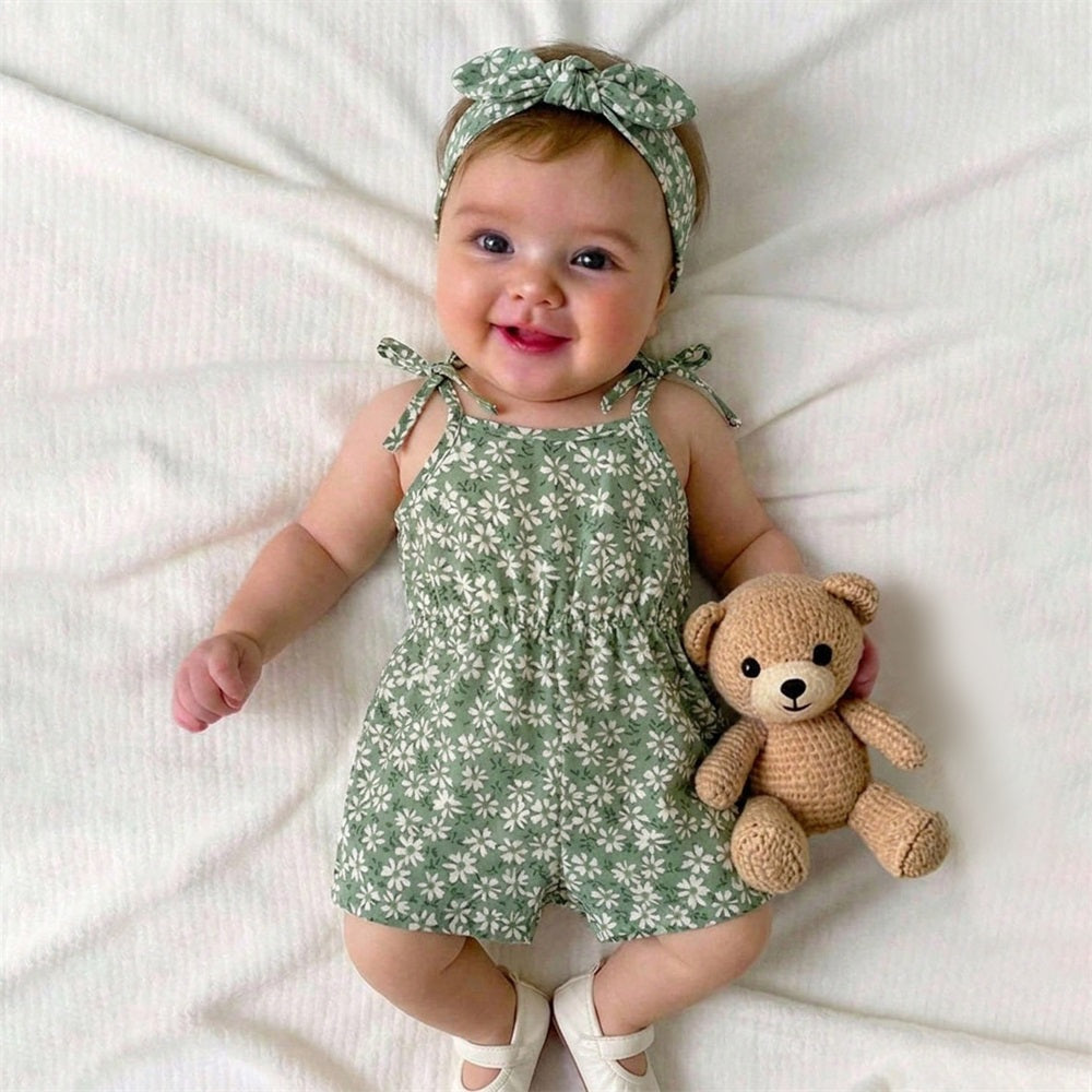 2PCS Trend Floral Printed Sleeveless Baby Jumpsuit