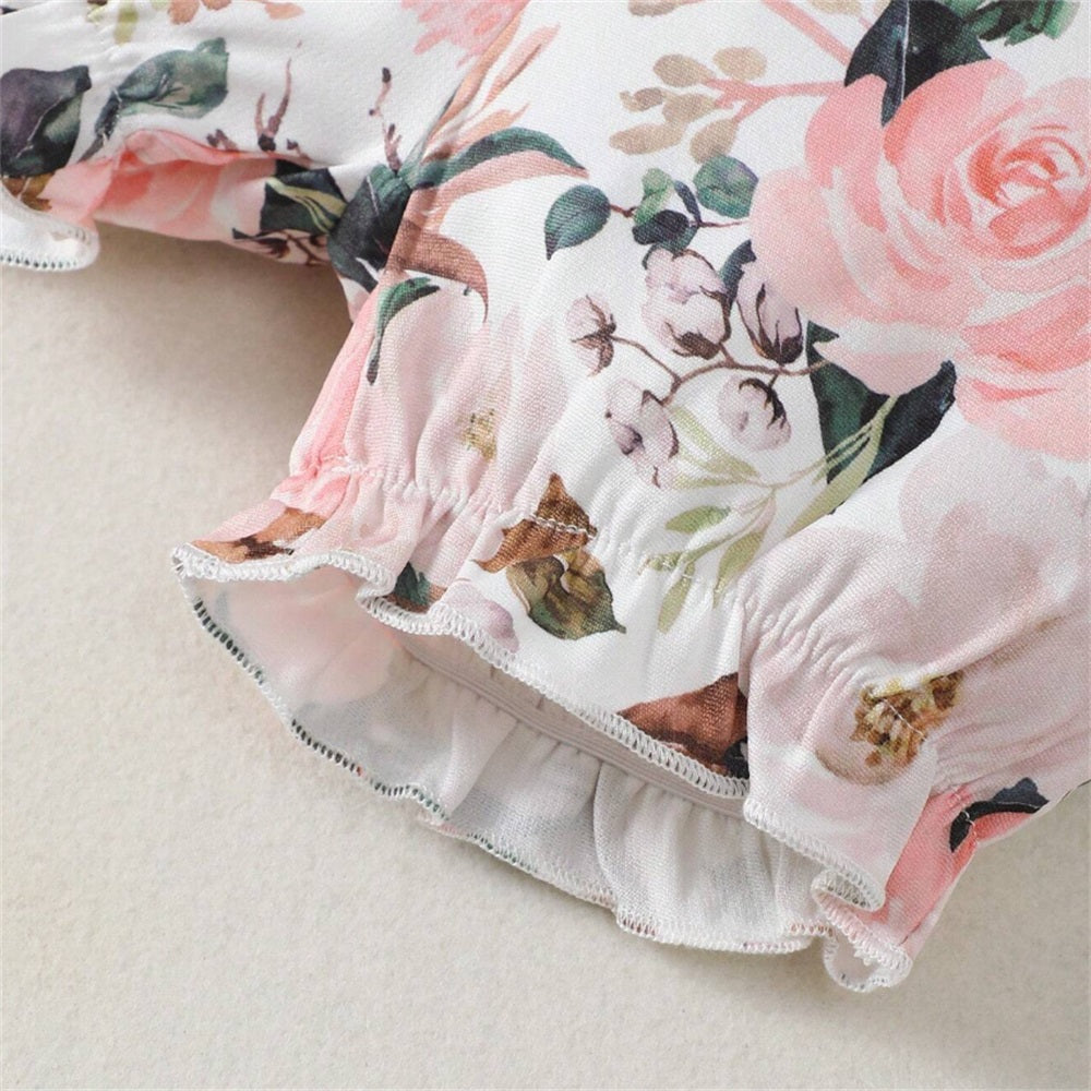 3PCS Summer Floral Printed Ruffled Short Sleeve Baby Set