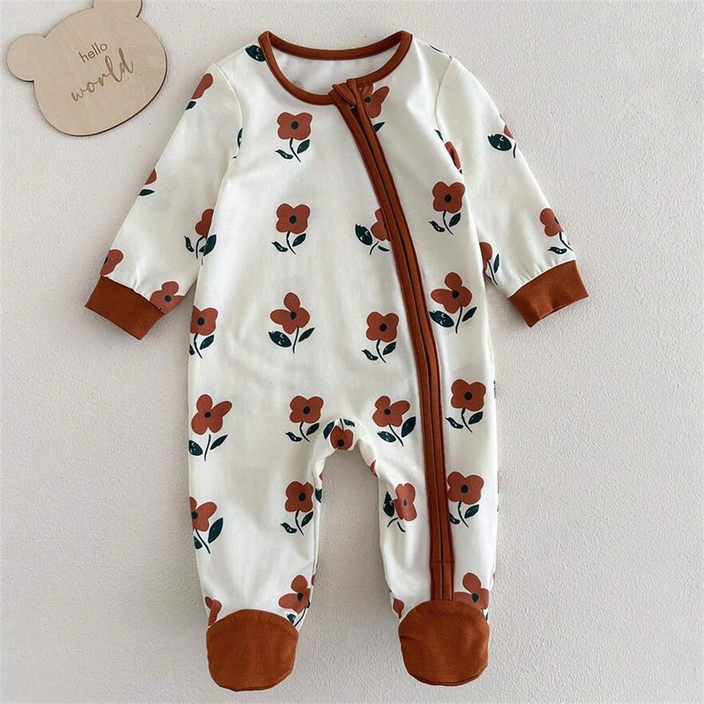2PCS Casual Floral Printed Long Sleeve Zip Baby Jumpsuit