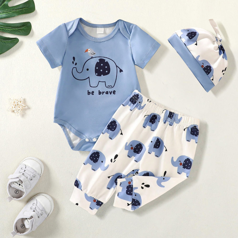 3PCS Cute Elephant Print Long Sleeve Baby Boy Set
