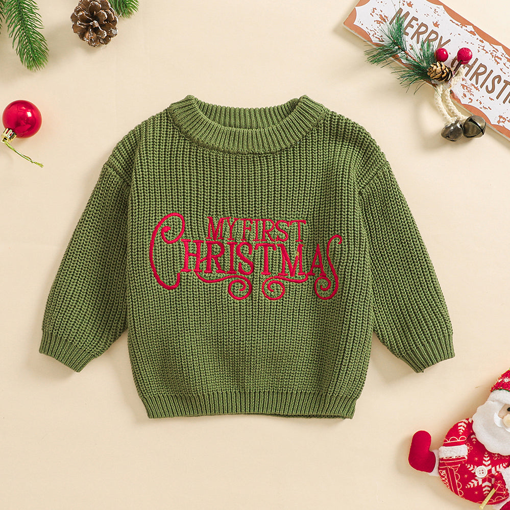 3PCS My First Christmas Letter Printed Knit Long Sleeve Baby Top