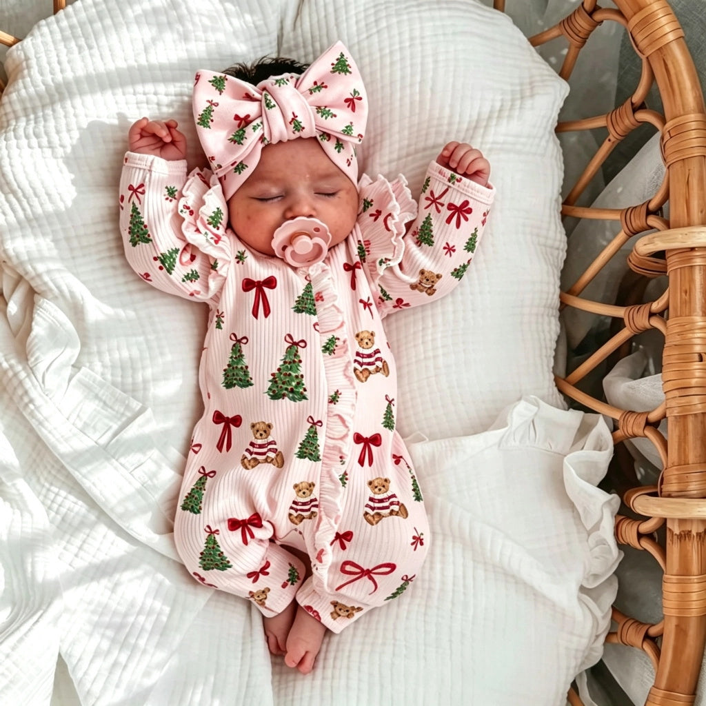 2PCS Lovely Christmas Elements Print Long Sleeve Zipper Baby Jumpsuit