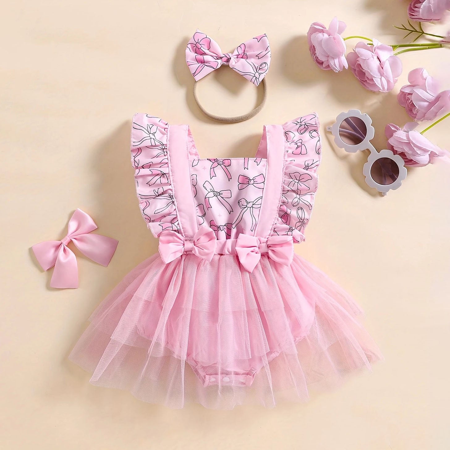 2PCS Cute Bow Printed Tulle Patchwork Baby Romper