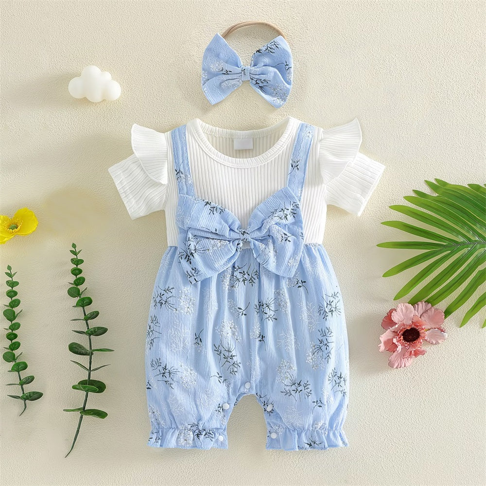 2PCS Causal Floral Printed Bow Short Sleeve Baby Jumpsuit