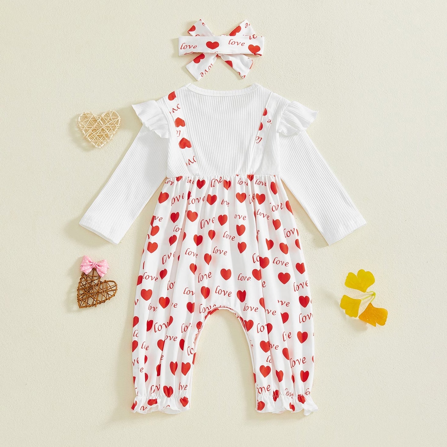 2PCS Cute Love Letter Heart Printed Long Sleeve Baby Jumpsuit