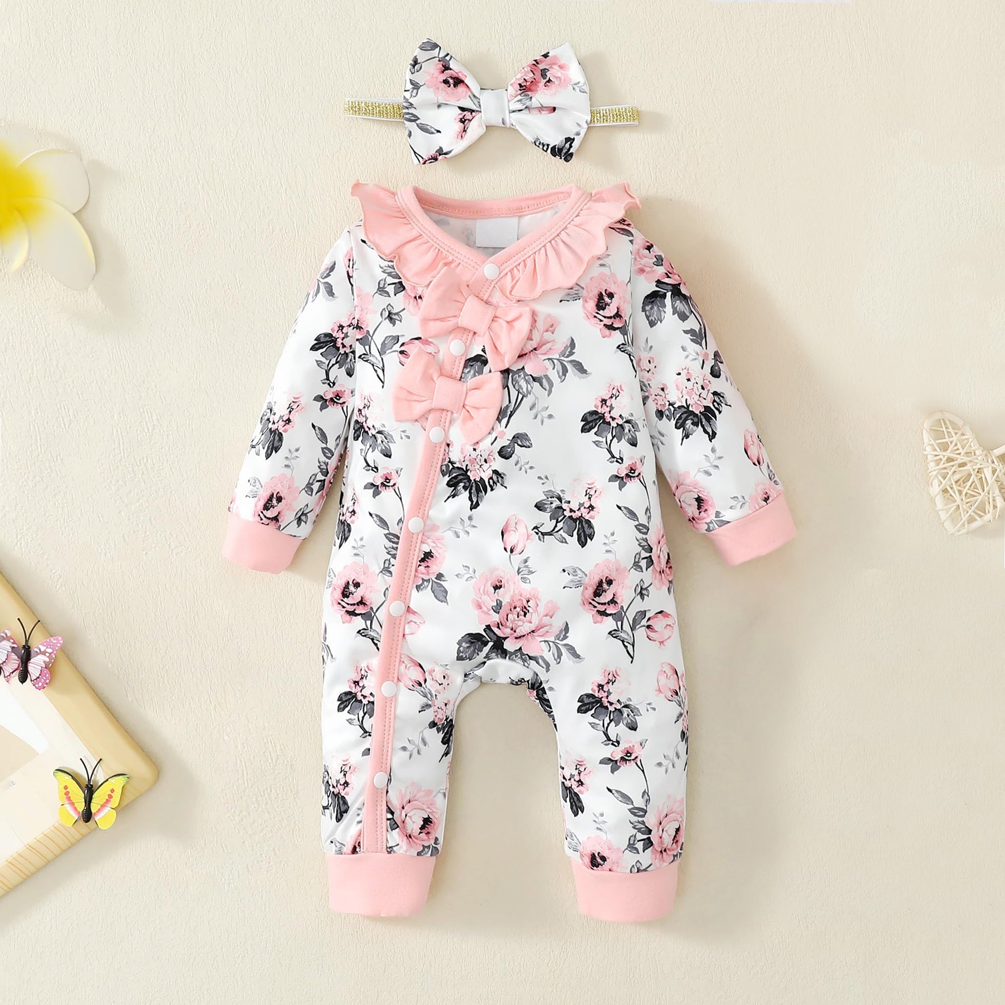 2PCS Sweet Floral Printed Ruffle Long Sleeve Baby Jumpsuit