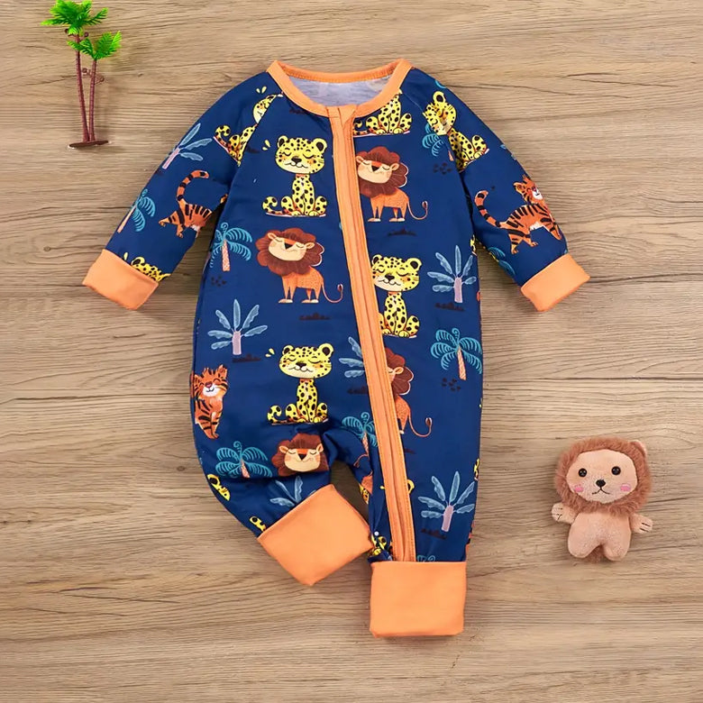 Cute Cartoon Lion and Tiger Printed Long Sleeve Zipper Baby Jumpsuit