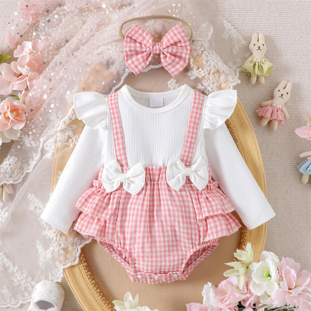 2PCS Bubbly Plaid Printed Long Sleeve Baby Romper