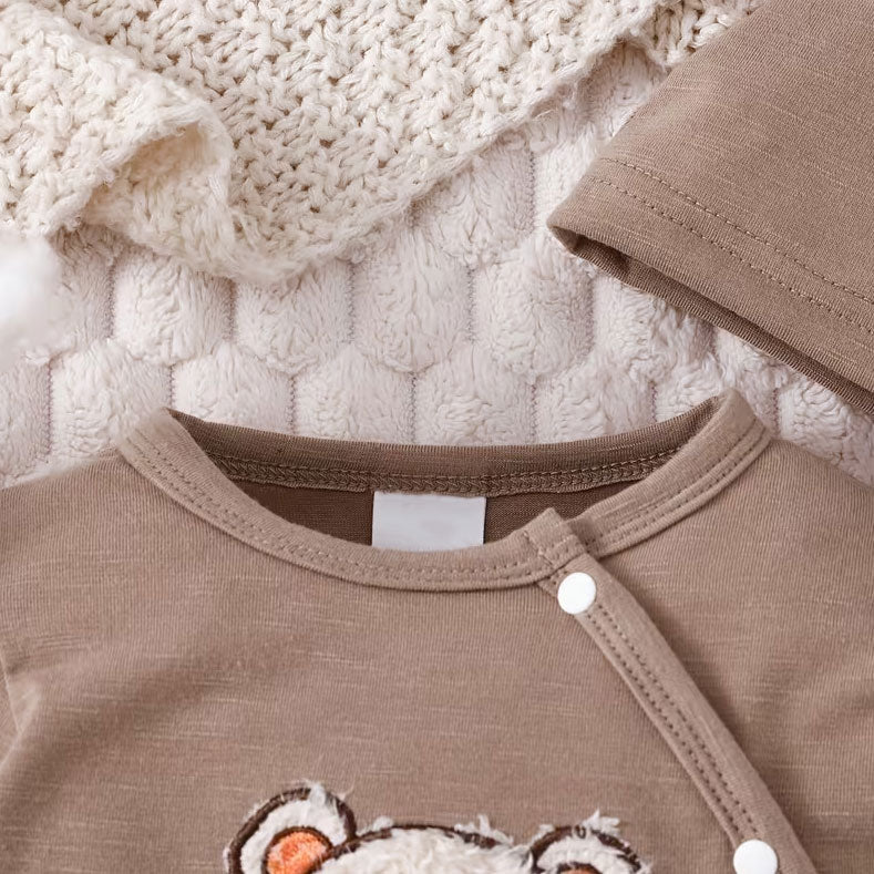 2PCS Bubbly Teddy Bear Appliqué Long Sleeve Baby Jumpsuit