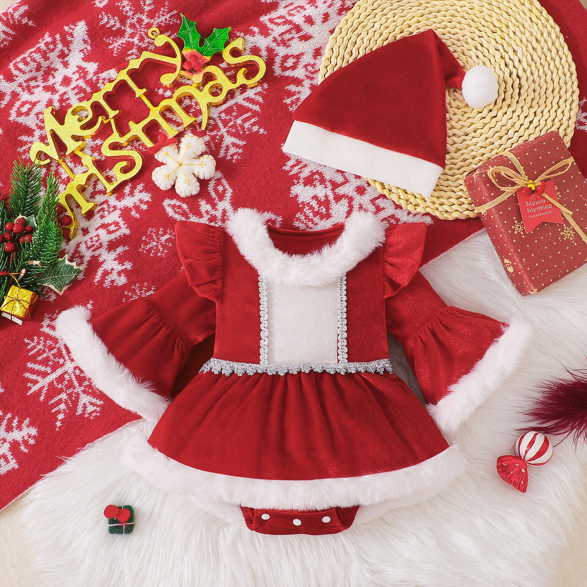 2PCS Chic Faux Fur Color Block Christmas Baby Girl Velvet Romper