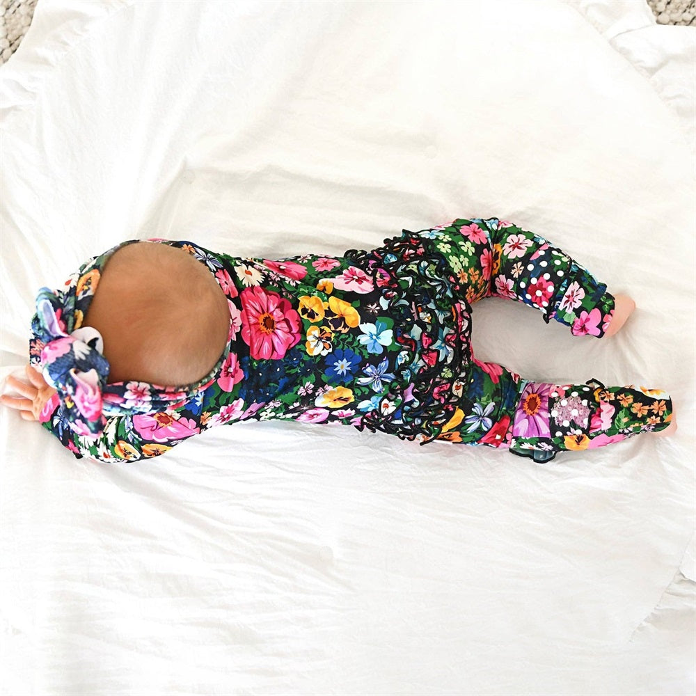 2PCS Allover Floral Print Ruffle Long Sleeve Baby Jumpsuit