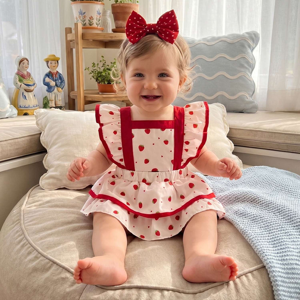 2PCS Cute Strawberry Print Flutter Sleeve Baby Girl Romper
