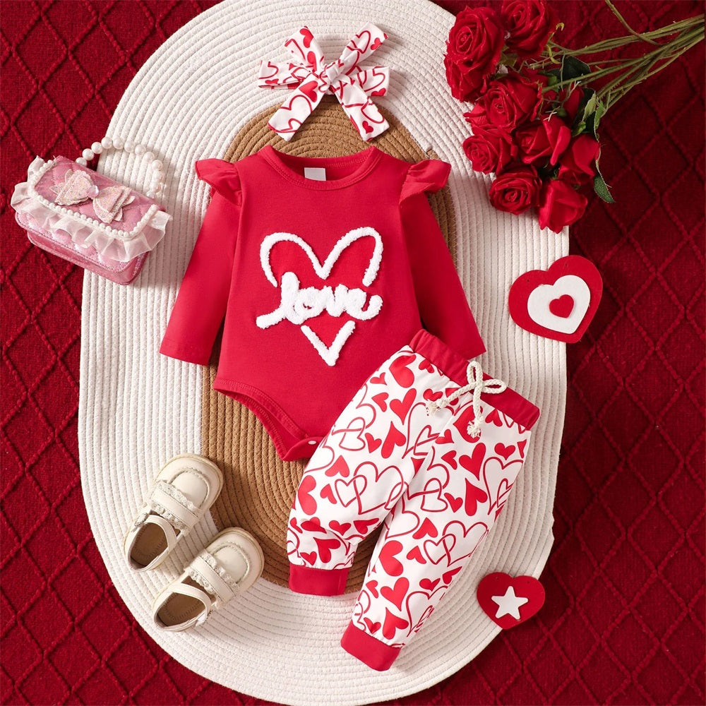 3PCS Heart Print Long Sleeve Baby Set