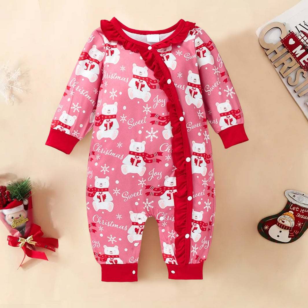 Sweet Christmas Letter and Bear Printed Long Sleeve Baby Jumpsuit