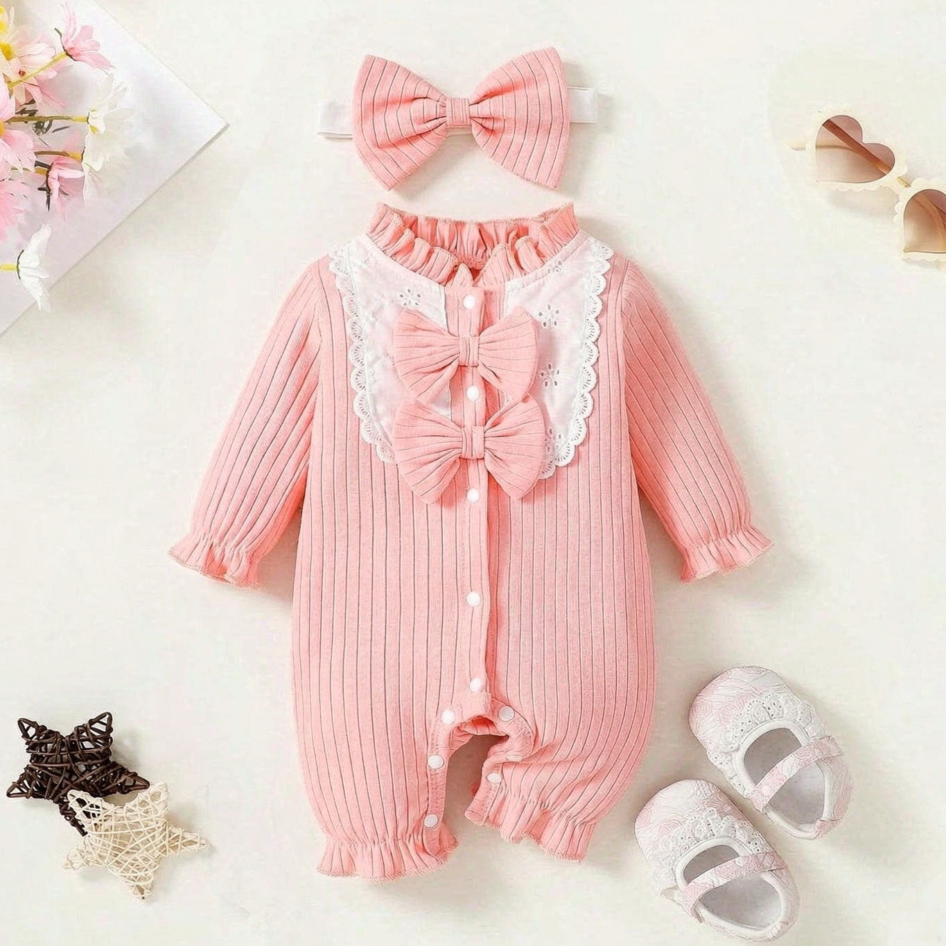 2PCS Grace Lace Bowknot Decor Long Sleeve Baby Girl Jumpsuit