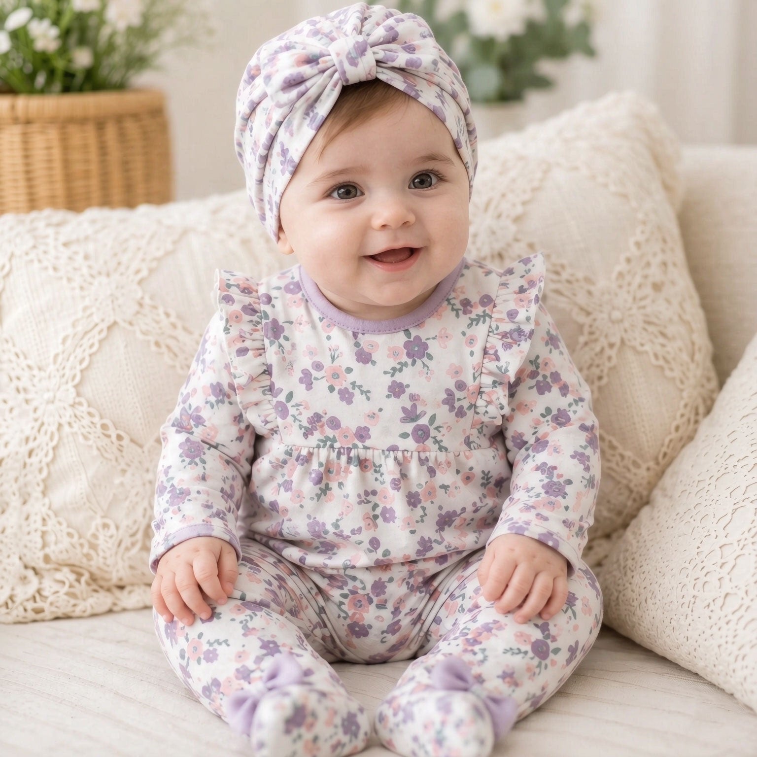 2PCS Cheerful Floral Printed Ruffle Long Sleeve Baby Jumpsuit
