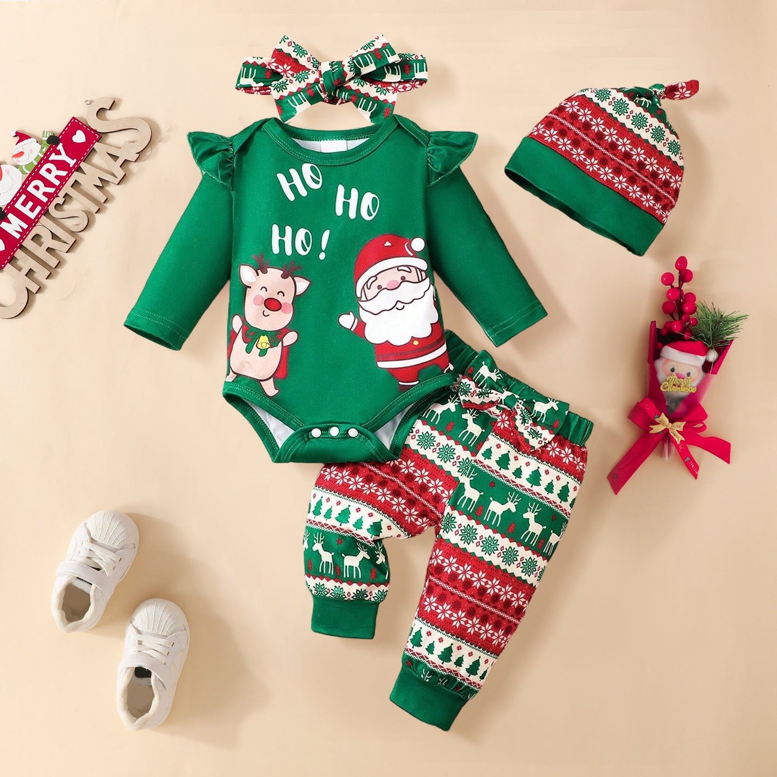 4PCS Ho Letter Christmas Elk and Santa Claus Printed Baby Set