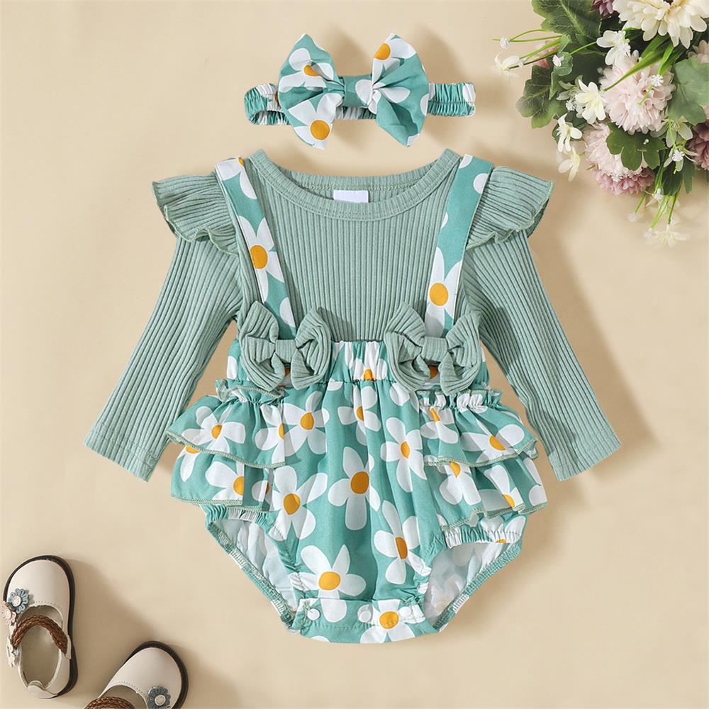 2PCS Cute Floral Print Long Sleeve Baby Romper