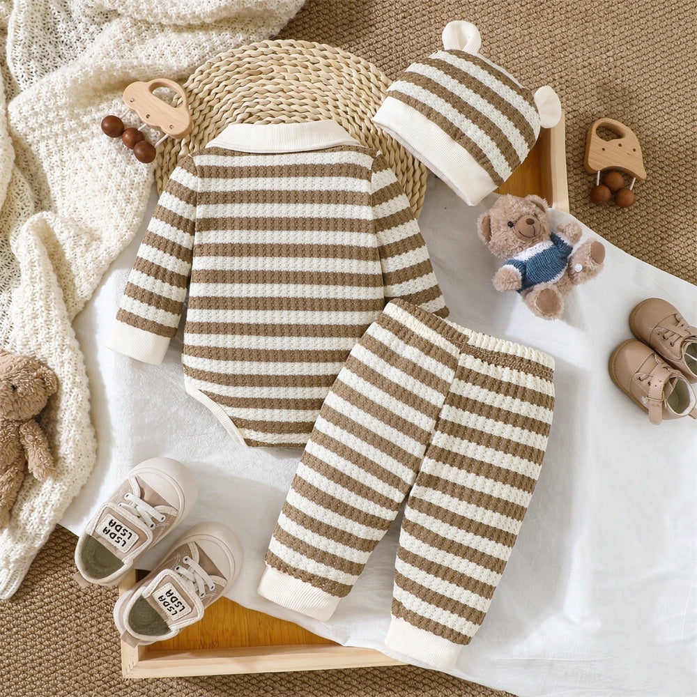 3PCS Stripe Print Bear Applique Long Sleeve Baby Set